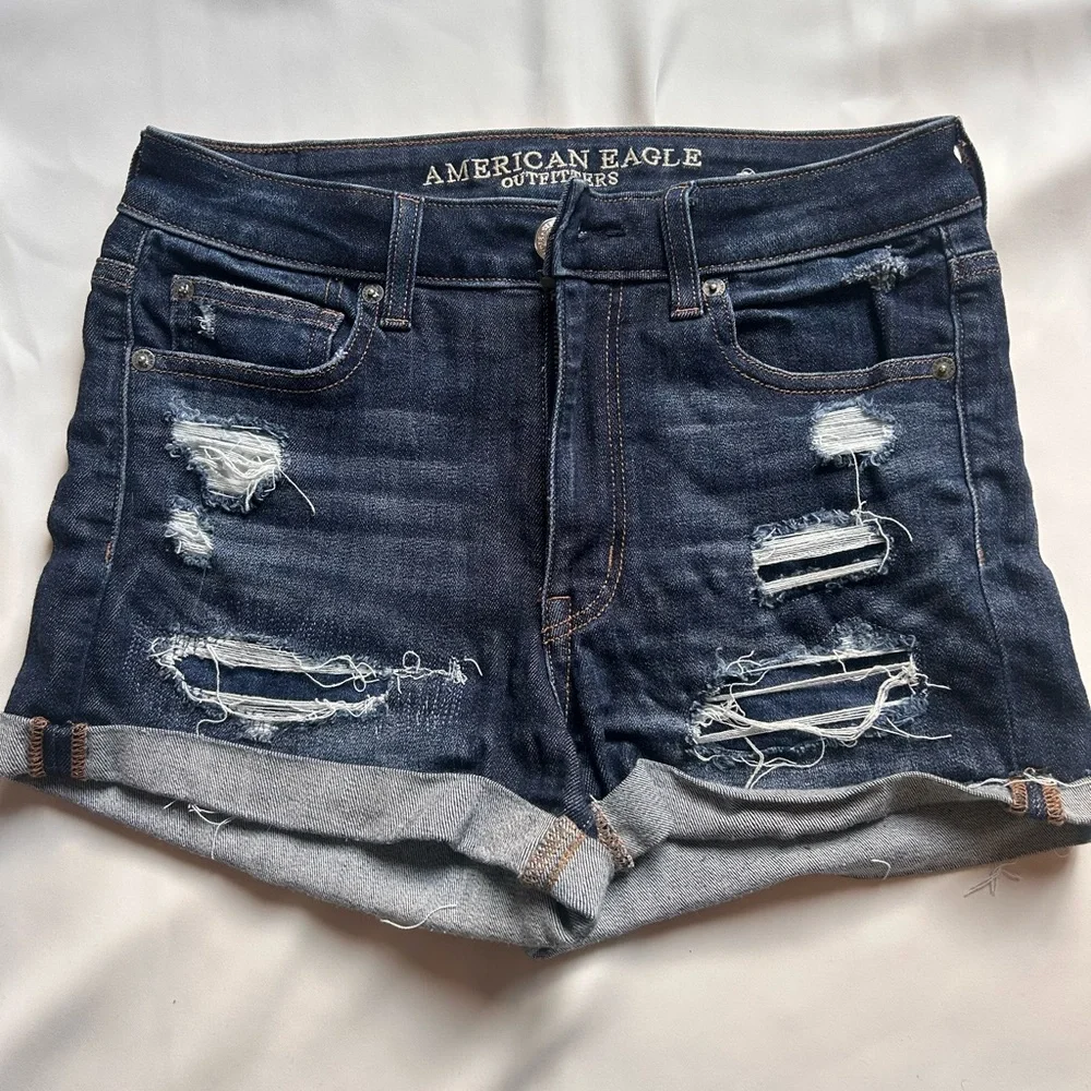 American Eagle Outfitters Women's Ripped Jean Shorts - Dark Blue - Picture 1 of 4